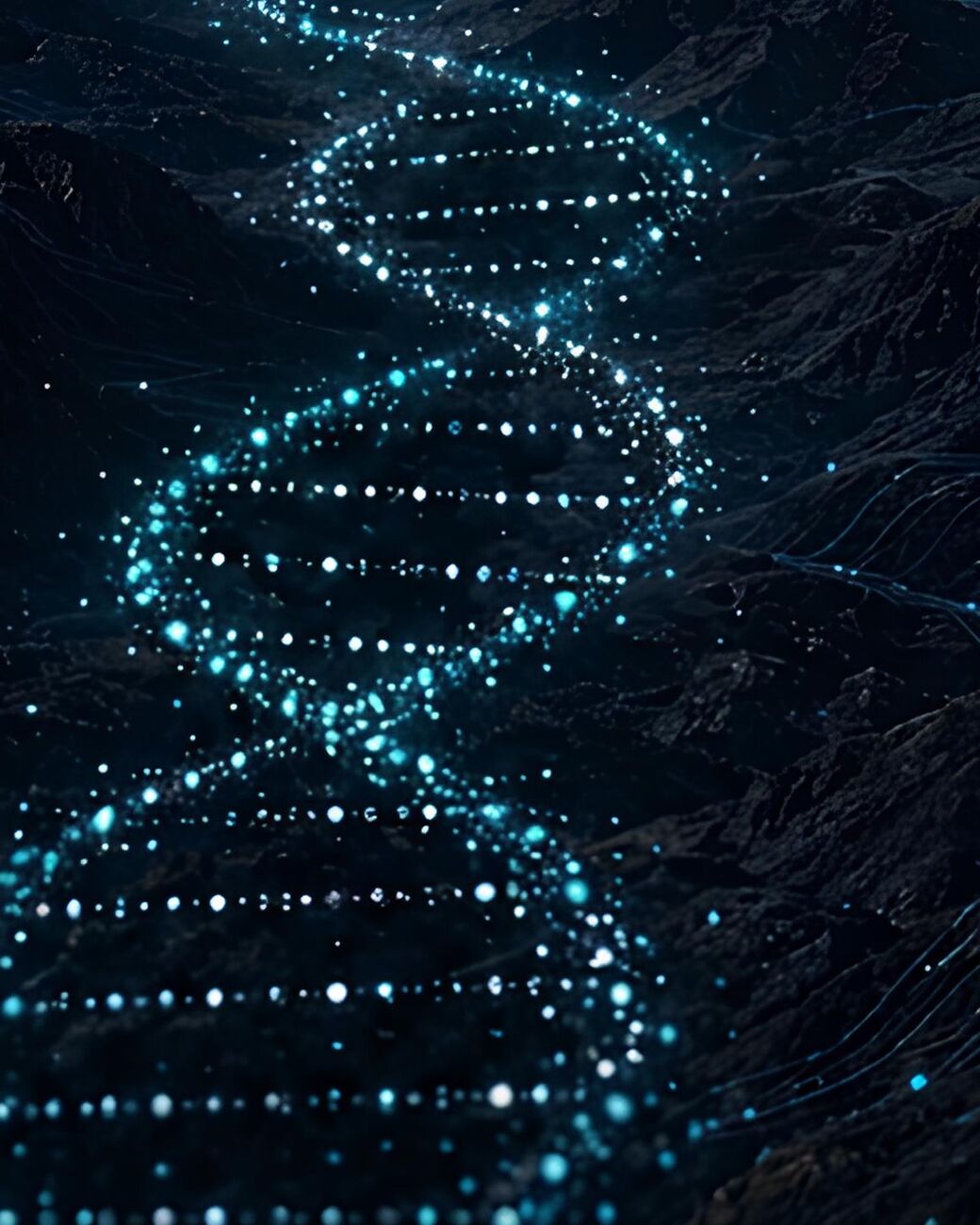 A double helix made of points of light winding through dark terrain.