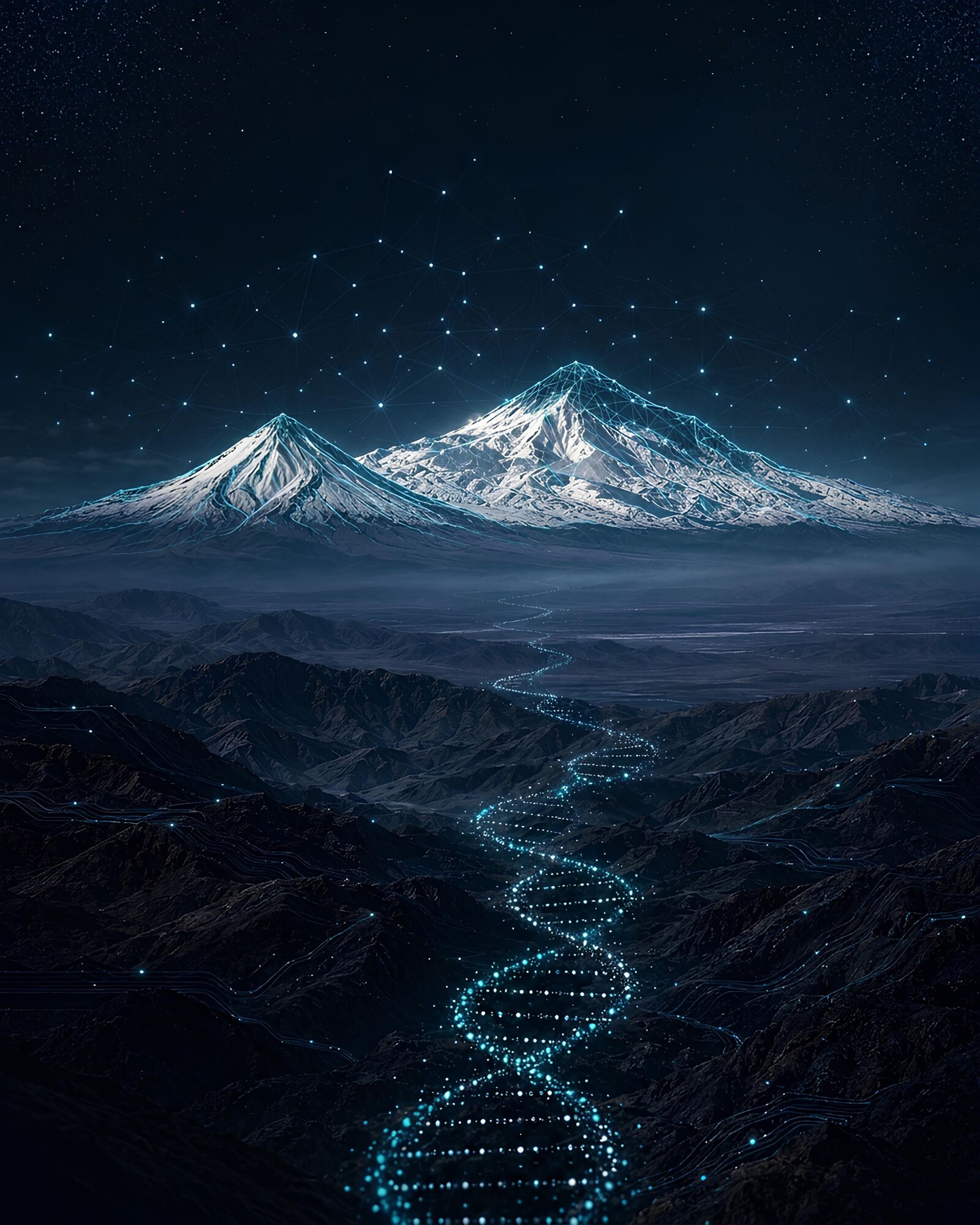 Two snow-capped peaks at night, traced by a glowing wireframe, under a constellation of network nodes; a DNA helix of light winds through the valley below.