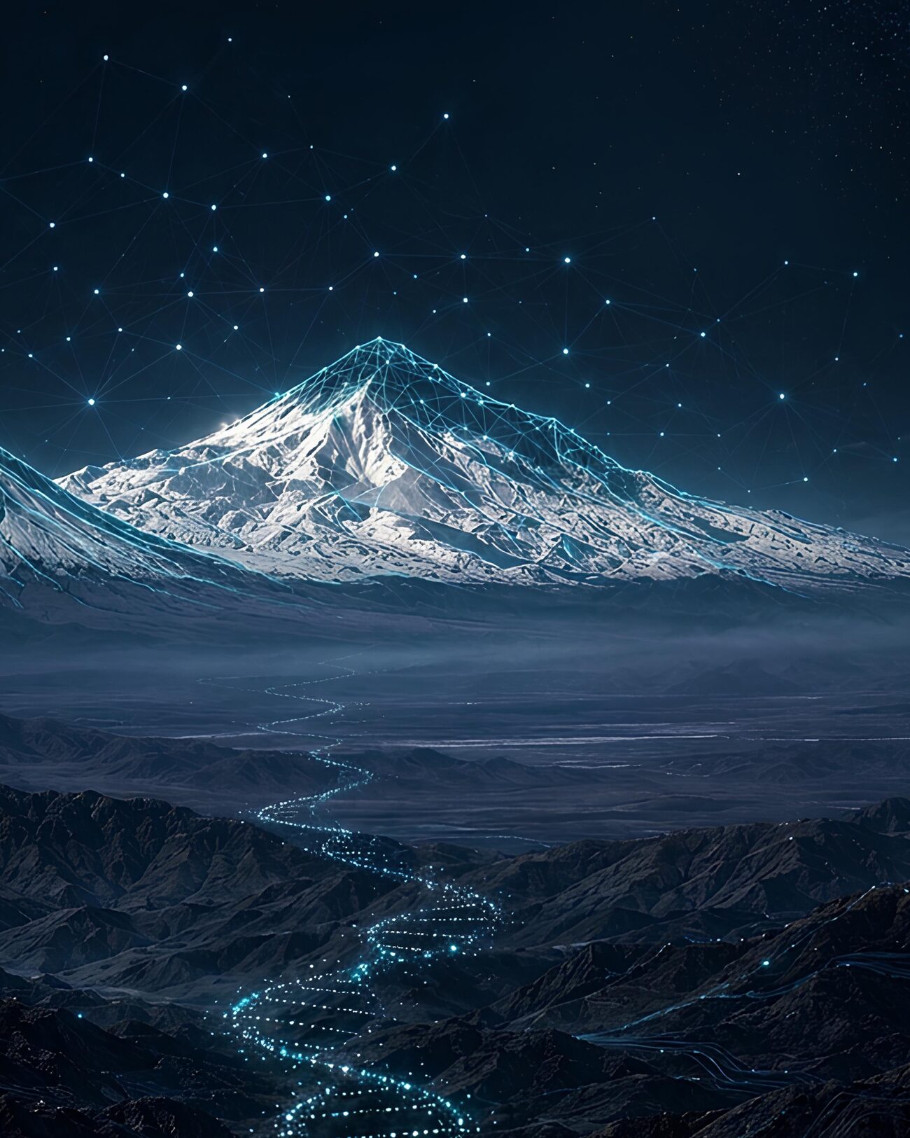Close-up of the larger summit: real snow dissolving into a glowing wireframe mesh.